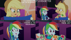 Size: 1280x720 | Tagged: safe, edit, edited screencap, editor:quoterific, screencap, applejack, rainbow dash, constructive criticism, constructive criticism: rainbow dash, equestria girls, g4, my little pony equestria girls: better together, applejack's hat, broken hand, clothes, cowboy hat, cutie mark on clothes, duo, duo female, female, geode of super speed, geode of super strength, hand on hip, hat, jewelry, magical geodes, necklace, open mouth, open smile, smiling