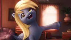 Size: 1000x563 | Tagged: safe, artist:annaxeptable, edit, edited screencap, screencap, derpy hooves, pegasus, pony, g4, g5, my little pony: a new generation, spoiler:my little pony: a new generation, cute, derpabetes, female, folded wings, g4 to g5, g5 movie accurate, indoors, mare, open mouth, open smile, smiling, solo, style emulation, ta-da!, unshorn fetlocks, wings