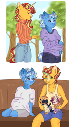 Size: 2090x3870 | Tagged: safe, artist:rainydayjitters, sunset shimmer, trixie, oc, unicorn, anthro, unguligrade anthro, g4, breasts, busty trixie, clothes, couch, female, high res, horn, jeans, lesbian, looking at each other, looking at someone, magical lesbian spawn, offspring, pants, parent:sunset shimmer, parent:twilight sparkle, parents:sunsetsparkle, pregnant, ship:suntrix, shipping, sitting, standing, sweater, tail, tank top