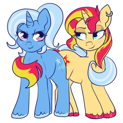 Size: 500x500 | Tagged: safe, artist:lulubell, sunset shimmer, trixie, pony, unicorn, g4, alternate hairstyle, bedroom eyes, blushing, duo, ear piercing, earring, eyelashes, female, horn, jewelry, lesbian, looking at each other, looking at someone, mare, piercing, ship:suntrix, shipping, simple background, standing, tail, transparent background, unshorn fetlocks