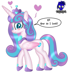 Size: 3840x4154 | Tagged: safe, alternate version, artist:damlanil, princess flurry heart, alicorn, pony, g4, blushing, comic, crown, cute, female, floating heart, flurrybetes, happy, heart, hoof shoes, horn, jewelry, looking at you, mare, necklace, older, older flurry heart, regalia, shine, shiny mane, show accurate, simple background, smiling, solo, talking to viewer, text, transparent background, vector, wings