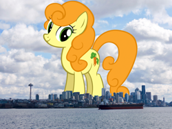 Size: 1400x1050 | Tagged: safe, artist:sirleandrea, artist:thegiantponyfan, carrot top, golden harvest, earth pony, pony, g4, female, giant pony, giant/macro earth pony, giantess, highrise ponies, irl, macro, mare, mega giant, photo, ponies in real life, seattle, washington