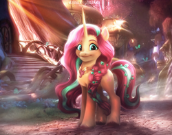 Size: 1550x1224 | Tagged: safe, artist:annaxeptable, fluttershy, pony, unicorn, g5, my little pony: a new generation, commission, female, flower, flower in hair, fluttershy (g5 concept leak), g4 to g5, g5 concept leaks, looking at you, mare, rapunzel, solo, style emulation, two toned mane, unicorn fluttershy, unshorn fetlocks