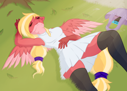 Size: 2500x1800 | Tagged: safe, artist:lumino010, oc, oc only, pegasus, anthro, anthro oc, bag, clothes, day, dress, eyelashes, eyes closed, female, floppy ears, grass, leaves, nintendo switch, outdoors, pegasus oc, solo, spread wings, sunlight, tree, wings