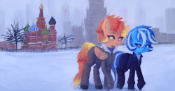 Size: 2148x1125 | Tagged: safe, artist:menalia, oc, oc only, oc:freezy coldres, oc:shiny flames, pony, unicorn, city, clothes, female, gloves, horn, jacket, kremlin, lesbian, looking at each other, looking at someone, mare, moscow, pants, russia, shirt, shoes, smiling, snow, st. basil's cathedral, sweater, tree, wings, winter