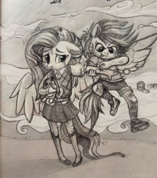 Size: 929x1057 | Tagged: safe, artist:krista-21, fluttershy, rainbow dash, anthro, g4, bandaid, blouse, bruised, clothes, cloud, duo, female, first aid, floppy ears, iodine, looking at something, looking sideways, midair, partially open wings, pencil drawing, plushie, scrapes, scratches, scuff mark, shirt, shoes, shorts, skirt, sneakers, spread wings, standing, t-shirt, teary eyes, tongue out, traditional art, treating, winged anthro, wings, younger