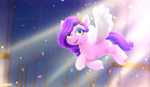 Size: 3783x2200 | Tagged: safe, artist:rivin177, pipp petals, pegasus, pony, g5, my little pony: a new generation, crown, fluffy, flying, glowin' up, green eyes, high res, jewelry, lights, lineless, night, pipp is short, purplemane, regalia, solo, spread wings, wings