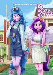 Size: 2480x3508 | Tagged: safe, alternate version, artist:pwnagespartan, izzy moonbow, pipp petals, pegasus, unicorn, anthro, g5, my little pony: a new generation, adorapipp, balloon, choker, clothes, cloud, compass, cute, dialogue, dress, duo, duo female, female, hammer, height supremacy, high res, horn, horn impalement, izzy impaling things, izzy is tol, izzybetes, larger female, marelet, overalls, paint, paint can, pipp is short, screwdriver, size difference, skirt, smaller female, smol, thought bubble, tools, wings