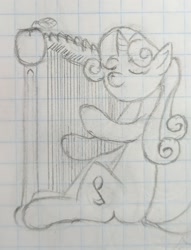 Size: 1293x1694 | Tagged: safe, artist:kanw, sweetie belle, pony, unicorn, g4, apple, cute, diasweetes, food, graph paper, harp, monochrome, musical instrument, newbie artist training grounds, older, older sweetie belle, photo, playing instrument, solo, strings, traditional art, wrong cutie mark