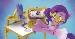 Size: 1203x636 | Tagged: safe, pipp petals, pegasus, pony, g5, my little pony: a new generation, official, adorapipp, computer, cute, desk, female, laptop computer, mare, markings, merchandise, solo, sunglasses, toy, unshorn fetlocks