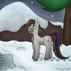 Size: 2048x2048 | Tagged: safe, artist:lil_vampirecj, oc, oc:cj vampire, earth pony, pony, art, brown mane, dock, full body, green eyes, high res, hill, ice, looking up, pine tree, snow, snowfall, snowflake, solo, tail, tree, two toned tail, unshorn fetlocks, winter