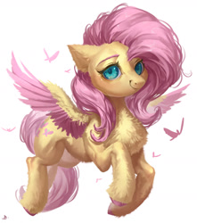 Size: 2118x2400 | Tagged: safe, artist:makkah, fluttershy, butterfly, pegasus, pony, g4, aside glance, chest fluff, colored hooves, colored wings, colored wingtips, ear fluff, female, fluffy, high res, looking at you, mare, simple background, smiling, solo, spread wings, three quarter view, two toned wings, unshorn fetlocks, white background, wings