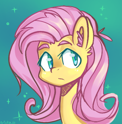 Size: 1237x1255 | Tagged: safe, artist:krista-21, fluttershy, pony, g4, bust, colored ear fluff, ear fluff, female, gradient background, looking away, looking sideways, mare, portrait, solo, sparkles, three quarter view