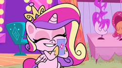 Size: 1920x1080 | Tagged: safe, screencap, princess cadance, alicorn, pony, g4, g4.5, my little pony: pony life, what goes updo, 1080p, cellphone, crystal empire carnival, cute, cutedance, female, mannequin head, mare, phone, smartphone, solo