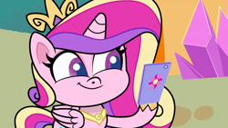 Size: 1920x1080 | Tagged: safe, screencap, princess cadance, alicorn, pony, g4, g4.5, my little pony: pony life, what goes updo, cellphone, grin, phone, smartphone, smiling, smiling at something, solo