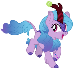 Size: 1024x963 | Tagged: safe, artist:emeraldblast63, izzy moonbow, kirin, g5, my little pony: a new generation, ball, bracelet, horn, horn impalement, hornball, izzy's tennis ball, jewelry, kirin-ified, open mouth, open smile, smiling, species swap, tennis ball