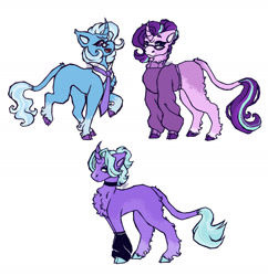 Size: 2131x2200 | Tagged: safe, artist:alukittyx, starlight glimmer, trixie, oc, classical unicorn, pony, unicorn, g4, choker, clothes, cloven hooves, family, female, high res, horn, leonine tail, lesbian, magical lesbian spawn, necktie, offspring, parent:starlight glimmer, parent:trixie, parents:startrix, ship:startrix, shipping, sweater, unshorn fetlocks