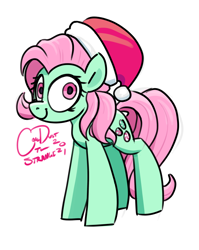Size: 1280x1608 | Tagged: safe, artist:coaldustthestrange, minty, earth pony, pony, g3, 2021, christmas, female, green coat, hat, hearth's warming, holiday, mare, pink eyes, pink mane, santa hat, signature, simple background, solo