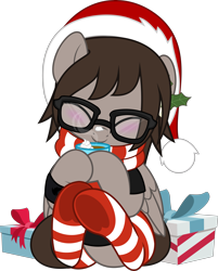 Size: 4021x5000 | Tagged: safe, artist:jhayarr23, pegasus, pony, chocolate, christmas, clothes, commission, cozy, cute, daaaaaaaaaaaw, drink, eyes closed, folded wings, food, glasses, happy, hat, holiday, hoof hold, hot chocolate, male, mikey way, mug, my chemical romance, ponified, present, santa hat, scarf, simple background, sitting, socks, solo, stallion, striped socks, transparent background, underhoof, wings, wristband, ych result