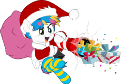 Size: 7188x5000 | Tagged: safe, artist:jhayarr23, pegasus, pony, awsten knight, cannon, christmas, clothes, commission, costume, folded wings, hat, heterochromia, holiday, hoof hold, male, nose wrinkle, open mouth, ponified, present, santa costume, santa hat, simple background, socks, solo, stallion, striped socks, transparent background, waterparks, wings, ych result