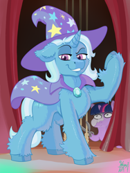 Size: 3024x4032 | Tagged: safe, artist:wispy tuft, trixie, twilight sparkle, pony, unicorn, g4, cape, clothes, fluffy, hat, imminent death, imminent violence, inconvenient twilight, magician outfit, phantom of the opera, rope, scissors, stage, stage light, stage show, this will end in death, this will end in tears, this will end in tears and/or death, this will not end well, trixie's hat, twiggie, wizard hat
