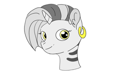 Size: 1280x800 | Tagged: safe, artist:royaltyofequestria, oc, oc only, oc:maya, pony, unicorn, zebra, zebracorn, bust, ear fluff, ear piercing, earring, eyelashes, gold, grey hair, horn, jewelry, looking at you, mane, multicolored hair, piercing, portrait, simple background, solo, stripes, zebra oc