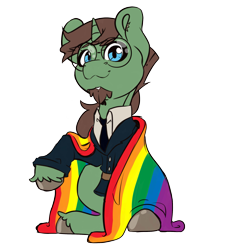 Size: 2121x2341 | Tagged: safe, artist:tina-art, oc, oc only, oc:digter von marder, pony, unicorn, 2022 community collab, derpibooru community collaboration, beard, belt, clothes, facial hair, high res, male, ponysona, pride flag, rainbow flag, simple background, stallion, transparent background