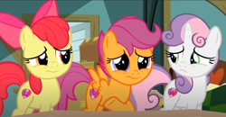 Size: 1264x657 | Tagged: safe, screencap, apple bloom, scootaloo, sweetie belle, earth pony, pegasus, pony, unicorn, g4, the last crusade, cropped, cute, cutie mark crusaders, female, filly, sad, sadorable, trio