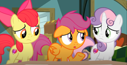 Size: 1282x661 | Tagged: safe, screencap, apple bloom, scootaloo, sweetie belle, earth pony, pegasus, pony, unicorn, g4, the last crusade, cropped, cute, cutie mark crusaders, female, filly, floppy ears, sad, sadorable, trio