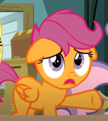 Size: 523x585 | Tagged: safe, screencap, scootaloo, sweetie belle, pegasus, pony, g4, season 9, the last crusade, cropped, cute, cutealoo, d:, female, filly, floppy ears, folded wings, open mouth, raised hoof, sad, sadorable, solo, the cmc's cutie marks, wings