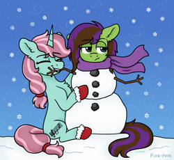 Size: 1500x1380 | Tagged: safe, artist:pink-pone, oc, oc only, pony, unicorn, clothes, female, mare, scarf, snow, snowman