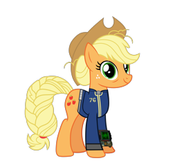 Size: 6399x6017 | Tagged: safe, artist:php170, applejack, earth pony, pony, fallout equestria, g4, the last problem, alternate hairstyle, applejack's hat, clothes, cowboy hat, fallout, fallout 76, female, hat, jumpsuit, looking at you, mare, older, older applejack, pip-boy 2000 mark vi, pipboy, simple background, smiling, smiling at you, solo, teeth, transparent background, vault suit, vector