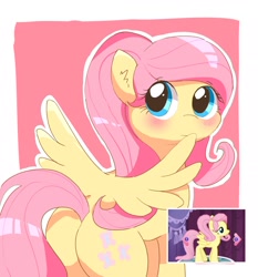 Size: 2016x2165 | Tagged: safe, artist:leo19969525, fluttershy, pegasus, pony, g4, alternate hairstyle, blushing, butt, cute, ear fluff, female, flutterbutt, gameloft interpretation, high res, looking back, mare, plot, rear view, screencap reference, shyabetes, solo, spread wings, wings