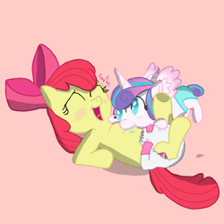 Size: 1080x1080 | Tagged: safe, artist:princessdestiny200i, apple bloom, princess flurry heart, earth pony, pony, g4, adorabloom, baby, baby pony, blushing, cute, diaper, diaper fetish, drool, female, fetish, filly, flurrybetes, foal, laughing, non-baby in diaper, raspberry, role reversal, shading, simple background, tickling, tongue out, tummy buzz