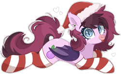 Size: 1883x1152 | Tagged: safe, artist:cinnamontee, oc, oc:bree berry, bat pony, :p, bat pony oc, christmas, clothes, cute, hat, holiday, looking at you, lying down, santa hat, simple background, socks, tongue out, transparent background