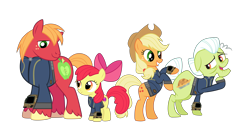 Size: 5360x3008 | Tagged: safe, artist:php170, apple bloom, applejack, big macintosh, granny smith, earth pony, pony, fallout equestria, g4, absurd resolution, adorabloom, apple bloom's bow, apple family, applejack's hat, bipedal, bow, clothes, cowboy hat, cute, cutie mark, fallout, female, filly, grin, group, hair bow, hat, jumpsuit, looking back, looking down, male, mare, older, open mouth, open smile, pipboy, png, rearing, simple background, smiling, stallion, teeth, the cmc's cutie marks, transparent background, unshorn fetlocks, vault suit, vector