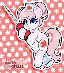 Size: 3633x4096 | Tagged: safe, artist:partypievt, nurse redheart, earth pony, pony, g4, chibi, clothes, cute, cutie mark, cutie mark background, cutie mark on clothes, eye clipping through hair, eyebrows, eyebrows visible through hair, eyelashes, female, giant syringe, hat, heartabetes, holding, looking at you, mare, needle, nurse hat, nurse outfit, solo, syringe, tail