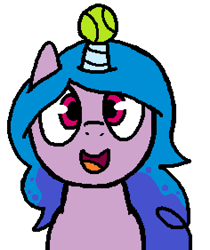 Size: 472x563 | Tagged: safe, artist:anonymous, izzy moonbow, pony, unicorn, banned from equestria daily, g4, g5, my little pony: a new generation, ball, cute, g5 to g4, horn, hornball, izzy's tennis ball, izzybetes, looking at you, pokehidden style, simple background, smiling, solo, style emulation, tennis ball