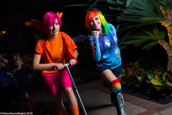 Size: 3000x2000 | Tagged: safe, artist:cosplayhazard, artist:meotashie, artist:videogamestupid, rainbow dash, scootaloo, human, g4, clothes, converse, cosplay, costume, cutie mark on clothes, high res, irl, irl human, katsucon, katsucon 2016, multicolored hair, photo, rainbow hair, scooter, shoes