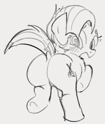 Size: 399x471 | Tagged: safe, artist:dotkwa, babs seed, earth pony, pony, g4, blushing, buns seed, butt, dock, female, filly, looking back, open mouth, plot, sketch, solo, tail