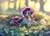 Size: 1280x927 | Tagged: safe, artist:myscherri, oc, oc only, bat pony, frog, pony, bat pony oc, bell, bell collar, butterfly net, collar, looking at something, lying down, net, plant, prone, solo, spread wings, wings