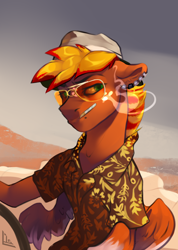 Size: 2480x3477 | Tagged: safe, artist:charlot, oc, oc only, oc:blaze fury, pegasus, pony, abstract background, car, cigarette, clothes, driving, ear fluff, ear piercing, eyebrows, eyelashes, fear and loathing in las vegas, floppy ears, freckles, glasses, hat, high res, hunter s. thompson, lidded eyes, looking at you, looking sideways, male, movie reference, piercing, raoul duke, ray-ban shooter, shirt, smoking, solo, spread wings, stallion, wings