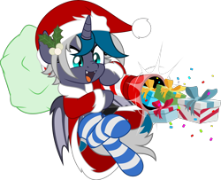 Size: 6162x5000 | Tagged: safe, artist:jhayarr23, oc, oc only, oc:elizabat stormfeather, alicorn, bat pony, bat pony alicorn, pony, alicorn oc, bag, bat pony oc, bat wings, box, cannon, christmas, clothes, coat, commission, confetti, costume, fangs, female, hat, holiday, horn, mare, mistleholly, nose wrinkle, open mouth, present, santa costume, santa hat, simple background, socks, solo, striped socks, transparent background, wings, ych result