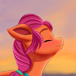 Size: 2100x2100 | Tagged: safe, artist:pipp_petal, sunny starscout, earth pony, pony, g5, my little pony: a new generation, eyes closed, high res, smiling, solo, sunset