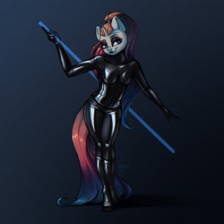 Size: 2048x2048 | Tagged: oc name needed, safe, artist:amishy, oc, oc only, unicorn, anthro, plantigrade anthro, anthro oc, bodysuit, clothes, female, high res, horn, latex, latex suit, lidded eyes, looking at you, smiling, smiling at you, solo, unicorn oc