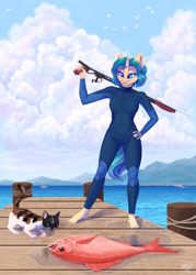Size: 2048x2860 | Tagged: safe, artist:amishy, oc, oc only, cat, fish, unicorn, anthro, plantigrade anthro, barefoot, bodysuit, clothes, feet, harpoon gun, high res, pier, solo, wet, wetsuit