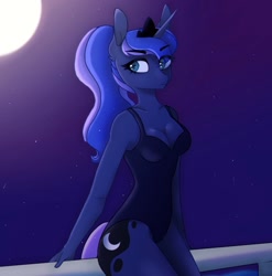 Size: 1334x1350 | Tagged: safe, artist:_alixxie_, princess luna, anthro, breasts, cleavage, clothes, eye clipping through hair, eyebrows, eyebrows visible through hair, female, frown, horn, moon, night, one-piece swimsuit, ponytail, solo, stars, swimsuit, wingless, wingless anthro
