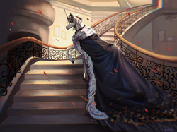 Size: 2813x2100 | Tagged: safe, artist:tupipi, oc, oc:chloe white, pony, unicorn, clothes, high res, petals, robe, royalty, stairs