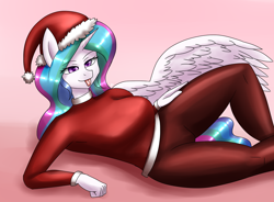 Size: 1900x1400 | Tagged: safe, artist:zachc, princess celestia, alicorn, anthro, g4, breasts, busty princess celestia, christmas, clothes, draw me like one of your french girls, female, hat, holiday, long sleeved shirt, long sleeves, pants, santa hat, shirt, solo, tongue out