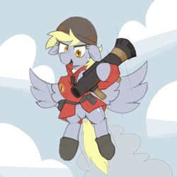 Size: 2000x2000 | Tagged: safe, artist:rellopone, derpy hooves, pegasus, pony, g4, /mlp/ tf2 general, boots, clothes, cloud, crossover, derpy soldier, floppy ears, flying, helmet, high res, looking at you, rocket launcher, shoes, smiling, soldier, soldier (tf2), team fortress 2, uniform
